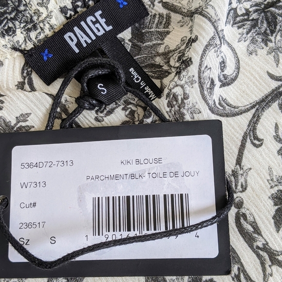 PAIGE Blouse 100% Silk Semi-Sheer Long Sleeves Toile Print Black Parchment S NWT - Picture 15 of 16